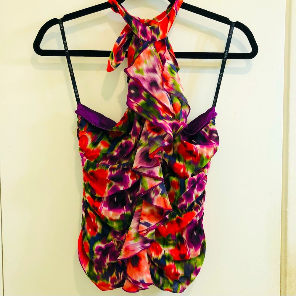 Bebe Purple/Red Floral Print Rear Zip Ruffled TieNeck Halter Top Lined Size XS.